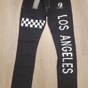 Fisll Men's Distressed Embroided Checkered Black Slim Jeans with LA Lakers 34/32